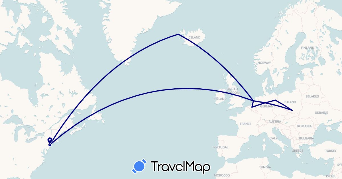 TravelMap itinerary: driving in Belgium, Germany, Iceland, Netherlands, Poland, United States (Europe, North America)